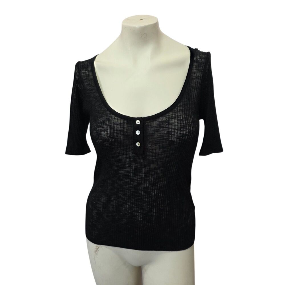 Le ALX Black Rib Knit Henley Top XL Sheer Scoop Neck Short Sleeve Stretch Tee